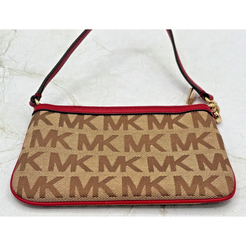 Michael Kors Jacquard Monagram Wristlet Mini Bag Red Leather Signature Lining - Picture 10 of 16